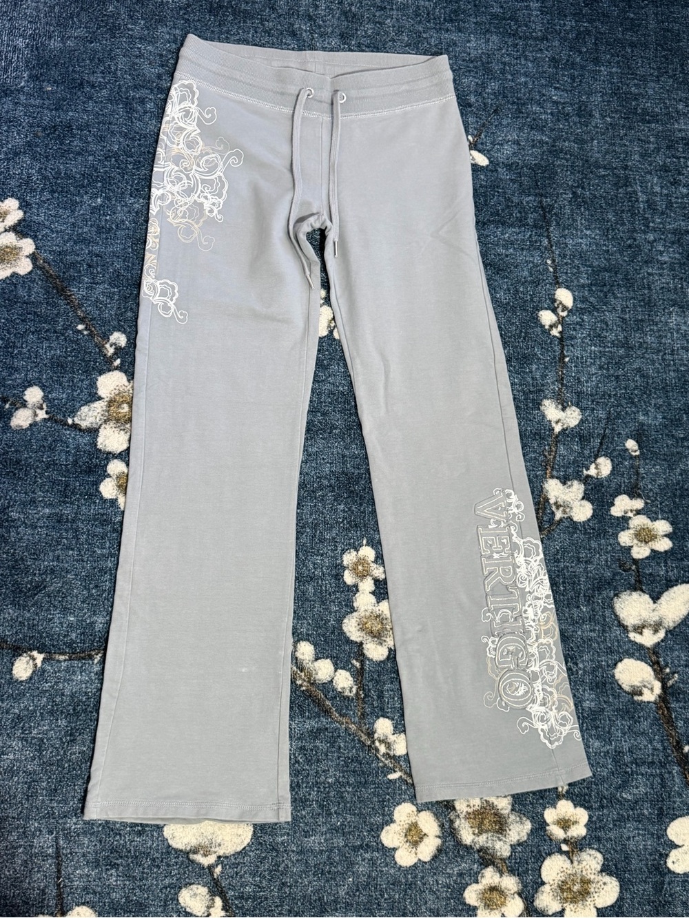 Y2K Vertigo Paris Gray Wide-Leg Track Pants with White Graphic Print